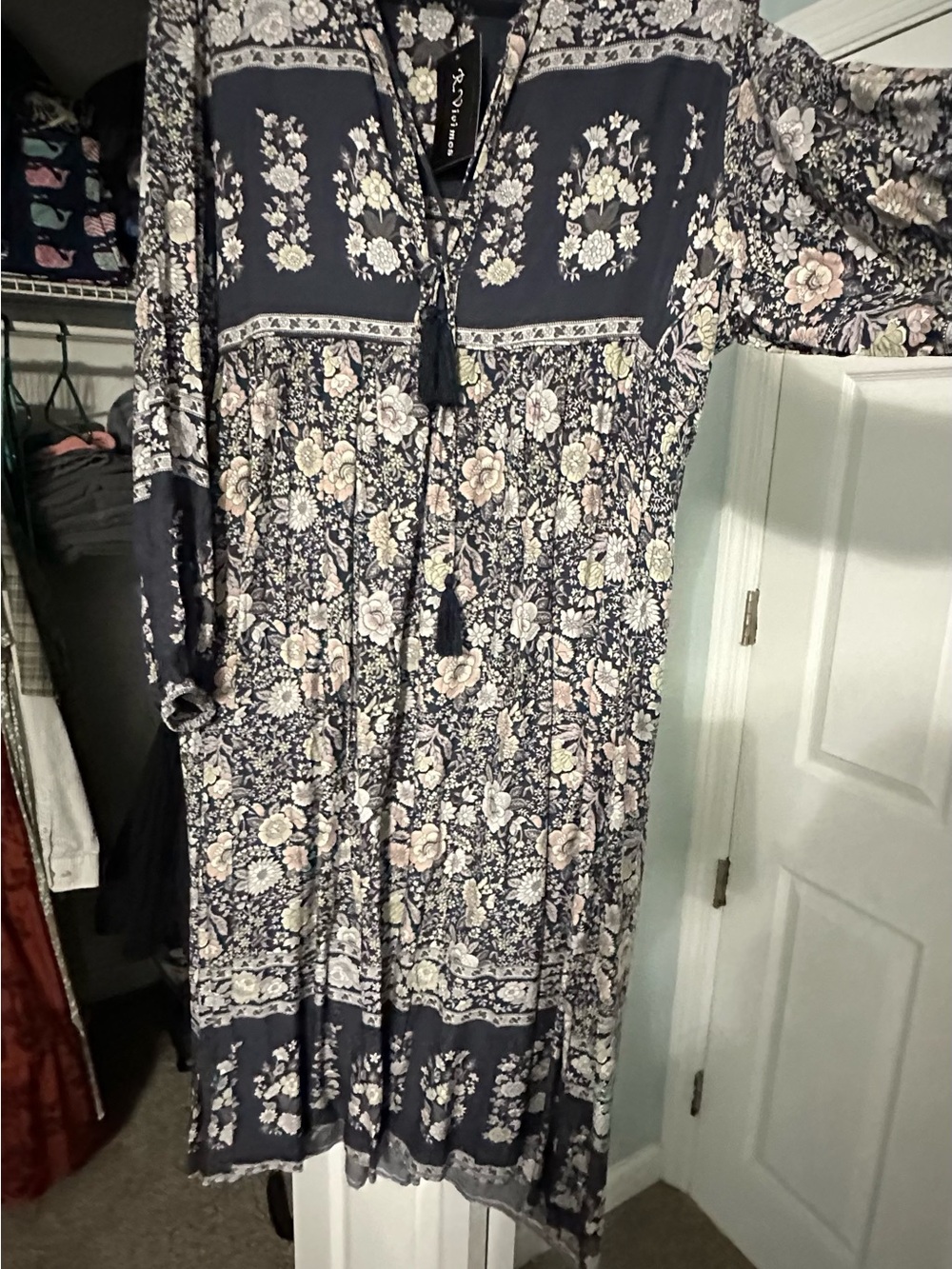 Women's Boho Floral Tiered Midi Dress - Navy with Pink & Cream Floral - Picture 3 of 4